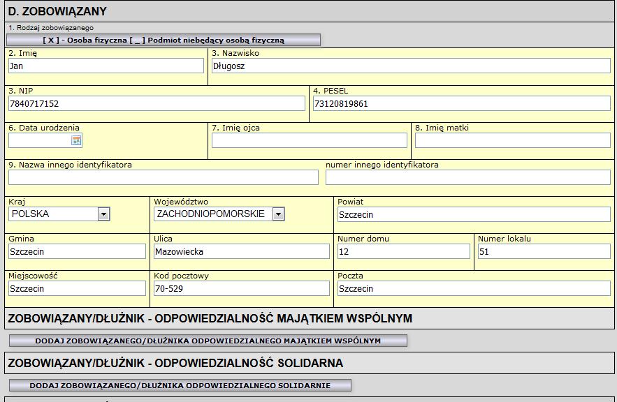 wykonawczego. Krok 6 Użytkownik wypełnia sekcję E dotyczącą wierzyciela. Pola wypełnione na czerwono są polami obowiązkowymi.