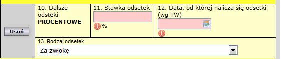 W polu Data, od której nalicza się odsetki (wg TW) użytkownik podaje datę o jeden dzień większą od daty wystawienia tytułu wykonawczego (w odniesieniu do tytułów, gdzie wypełnione jest pole Kwota