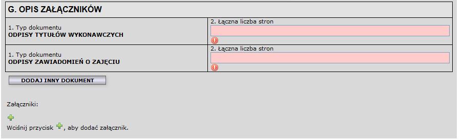 Krok 8 W sekcji F użytkownik ma możliwość wykazania nierozliczonych kwot do przekazania organowi przejmującemu zbieg.