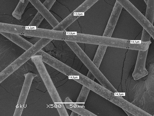 Kompozyty polimerowe... 215 Rys.2. Średnice pojedynczych włókien poliamidowych oznaczone na fotografii SEM Fig.2. Diameter of simple polyamide fibers marked on SEM image 2.