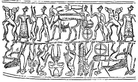 Frankfort (Cylinder Seals), wykazując, że zarówno sztuka wyrobu mezopotamskich pieczęci cylindrycznych, jak i obrazowane na nich tematy rozprzestrzeniły się w świecie starożytnym, odtworzył wzór z