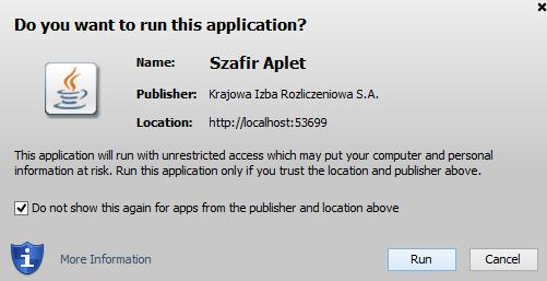 przycisk Podpisz, może zostać poproszony o zatwierdzenie uruchomienia apletu o nazwie Szafir