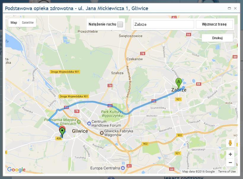 Po podaniu adresu początkowego zostanie wyznaczona trasa pomiędzy wskazanym adresem a lokalizacją specjalności. Rys.