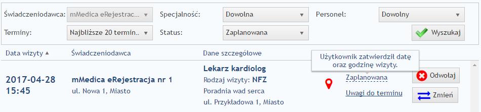 mobilne Dla każdej z wizyt wyświetlanych w Moich Rezerwacjach zamieszczony jest komentarz odnośnie statusu wizyty.