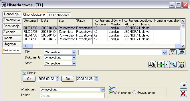 RLS i RLZ są wyświetlane na wspólnej liście. Dokumenty mogą być wyświetlane na zakładkach: Chronologicznie, Dla kontrahenta.