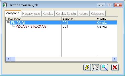 [Lista związanych] - wyświetla listę dokumentów związanych, w postaci drzewa o strukturze odpowiadającej sekwencji dokumentów. Strzałka na przycisku wskazuje na kierunek wyświetlanych powiązań.