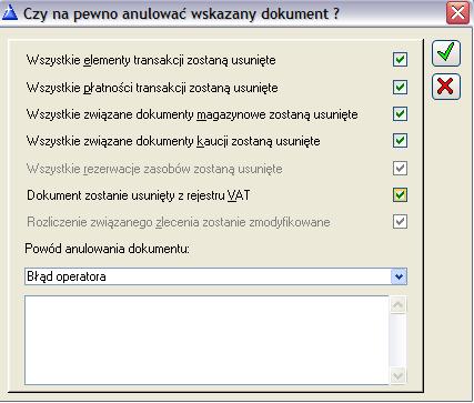 Rys. 2.153 Anulowanie dokumentu. Rzeczywistą opcją jest jedynie pozostawienie dokumentów magazynowych. Pozostawione dokumenty stają się niezwiązanymi i mogą być źródłem innego dokumentu handlowego.