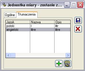 Okno: Jednostka miary składa się z dwóch zakładek: Ogólne oraz Tłumaczenia.