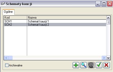 Rys. 2.171 Lista schematów kaucji. Definiowanie schematów kaucji odbywa się po naciśnięciu przycisku: otworzone okno: Edycja schematu kaucji. [Dodaj]. Zostanie wtedy 2.11.17.2 Edycja schematu kaucji Okno słuŝy do określenia danych decydujących o sposobie naliczania kaucji.