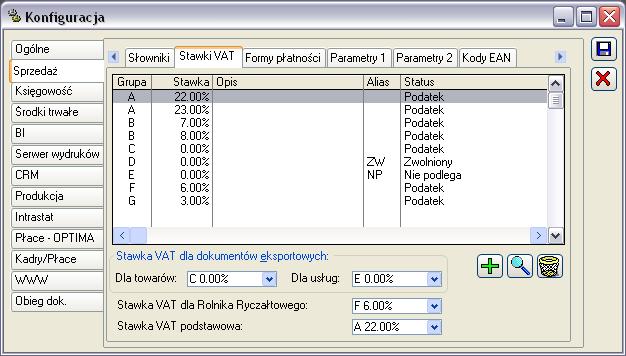 2.2.2 Konfiguracja, zakładka: SprzedaŜ/ Stawki VAT W systemie predefiniowano 7 stawek VAT. MoŜna je edytować oraz dodawać nowe.