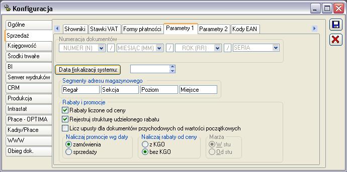 2.2.4 Inne parametry 2.2.4.1 Konfiguracja, zakładka: SprzedaŜ/ Parametry 1 Na zakładce znajdują się następujące pola: Rys. 2.13 Konfiguracja, zakładka: Parametry 1.