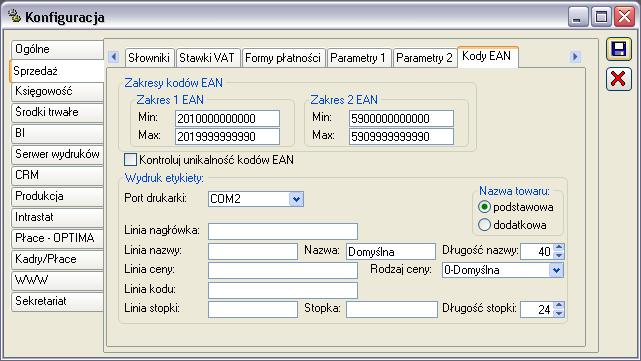 2.2.5 Konfiguracja, zakładka: SprzedaŜ/ Kody EAN Rys. 2.15 Konfiguracja, zakładka: Kody EAN. System generuje kody kreskowe w standardzie EAN/UCC-13. Od wersji 8.