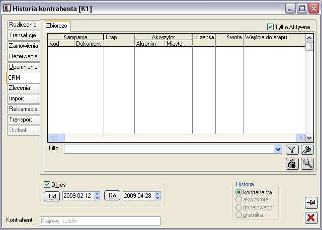 2.3.4.6 Historia kontrahenta, zakładka: CRM Rys. 2.49 Historia kontrahenta, zakładka: CRM.