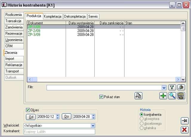 Kampanie opisano szczegółowo w dokumentacji modułu: CRM. 2.3.4.7 Historia kontrahenta, zakładka: Zlecenia Rys. 2.50 Historia kontrahenta, zakładka: Zlecenia.