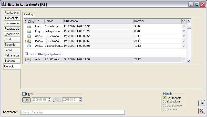 2.4 Towary i usługi 2.4.1 Towary (lista towarów) 2.4.1.1 Zakładka: Grupy wg kodu Rys. 2.56 Historia kontrahenta, zakładka: Outlook. W tym trybie okno podzielone jest na dwa panele.