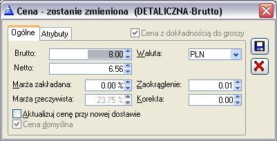 Cena zostanie wtedy wyliczona w oparciu o ostatnią cenę zakupu według jednego z następujących wzorów, zaleŝnie od ustawienia parametru: MarŜa, w konfiguracji: cena sprzedaŝy = cena zakupu x 100/(100