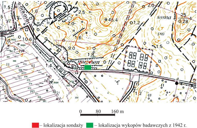 Ryc. 1. Stare Łysogórki, gm. Mieszkowice, pow. gryfiński, stan. 5 (AZP 43-03/7). Lokalizacja stanowiska i rozmieszczenie sondaży 1 i 2 z 2014 roku oraz wykopów badawczych z 1942 roku, oprac. B.