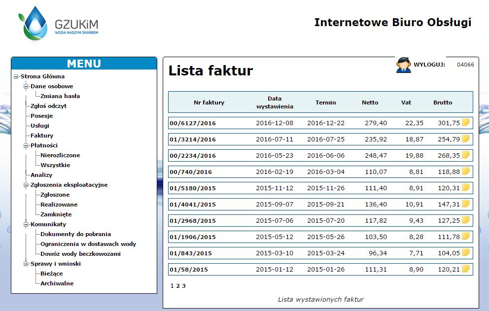 3.1.4 Faktury (pobranie e-faktury) W liście faktur przedstawione są faktury wystawione ze sprzedaży podstawowej w sposób narastający.