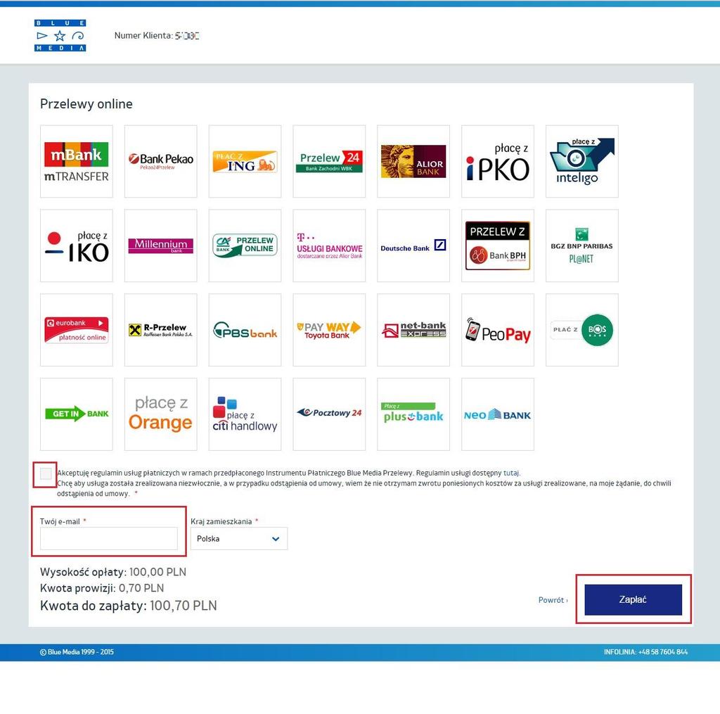 Klikamy w wybrany bank, klikamy akceptacje regulaminu (zgoda jest wymagana by kontynuować transakcję), uzupełniamy adres e-mail i klikamy Zapłać.