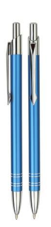 Długopis metalowy z korpusem w dwóch kolorach: srebrnym/szarym oraz granatowym (po 2 000 szt. z każdego koloru) o wymiarach dł.142 mm x szer.7 mm (+/- 3 mm) z niebieskim wkładem i wciskaną końcówką.