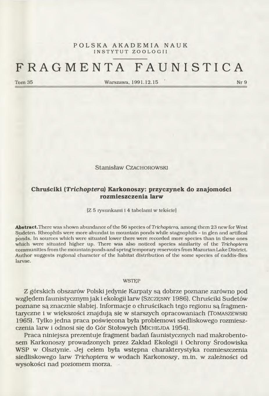 POLSKA AKADEMIA NAUK INSTYTUT ZO O LO G II FRAGMENTA FAUNISTICA Tom 35 Warszawa, 1991.12.