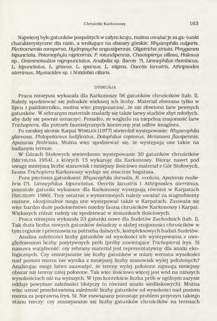 C hruściki Karkonoszy 163 Najwięcej było gatunków pospolitych w całym kraju, można uważać je za ga- tu n ki charakterystyczne dla nizin, a wnikające na obszary górskie: Rhyacophila vulgaris,