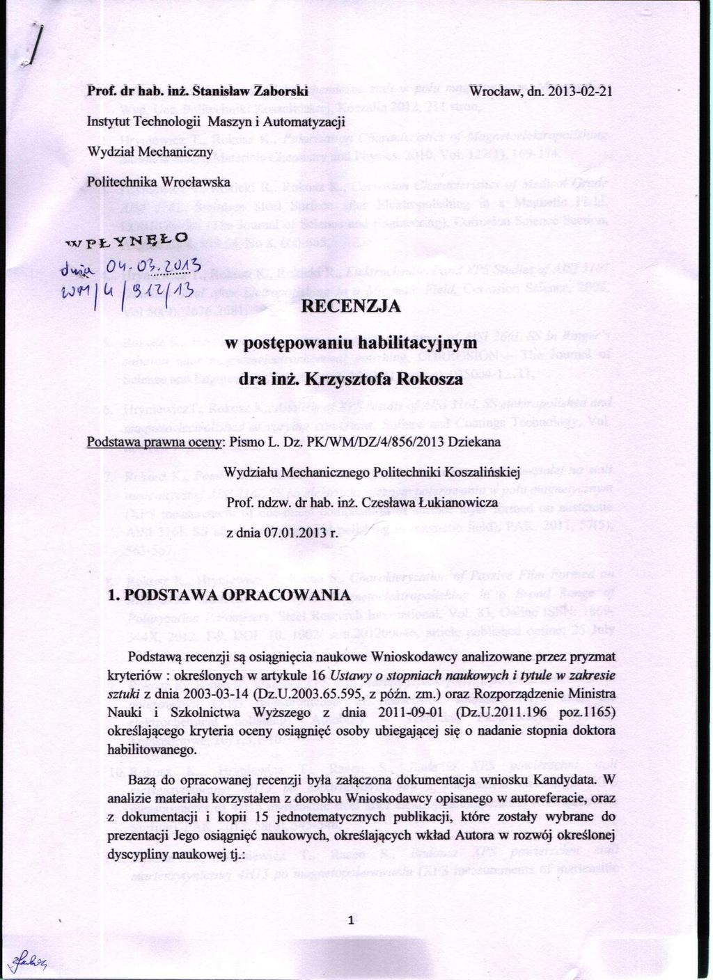 Prof. dr hab. inż. Stanisław Zaborski Wrocław, dn.