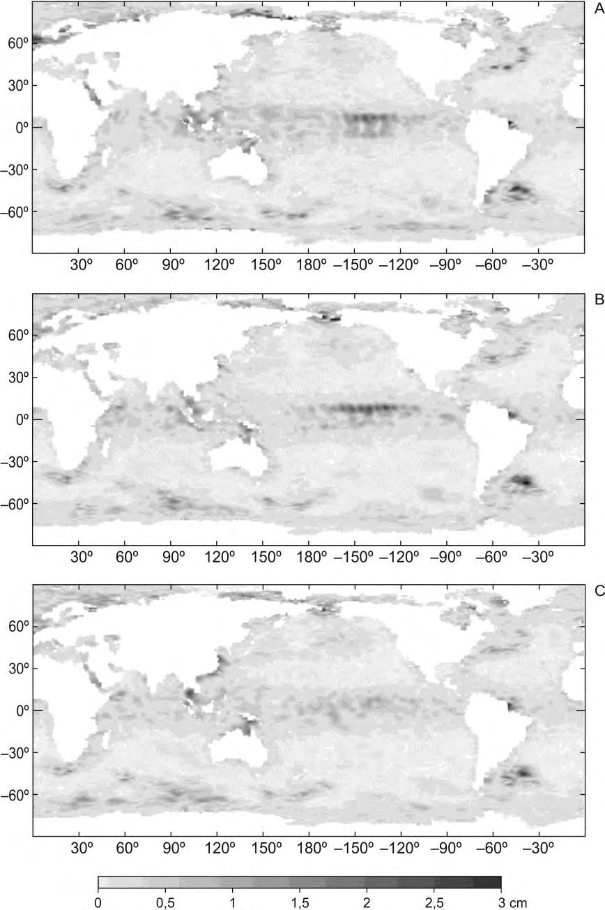 M. Świerczyńska, T. Niedzielski, W. Kosek Ryc. 3. Mapy prezentujące amplitudę oscylacji 30-dniowej zmian poziomu oceanu: A w warunkach normalnych 06.04.1994 (MJD 49448), B podczas La Niña 11.