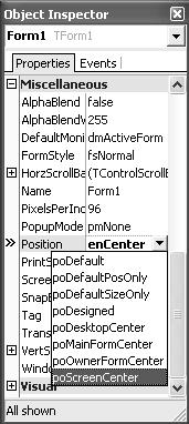 98 C++Builder 2006. Ć wiczenia praktyczne Rysunek 4.4. Zakładka Miscellaneous Rysunek 4.5. Określanie położenia formularza uruchomionego programu Zdarzenia Zdarzenia (ang.