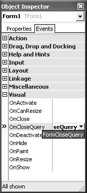 Rozdział 4. Ś rodowisko programisty IDE C++Builder 2006 99 W celu zaprogramowania obsługi wybranego zdarzenia przejdźmy do karty zdarzeń (Events) Inspektora obiektów.