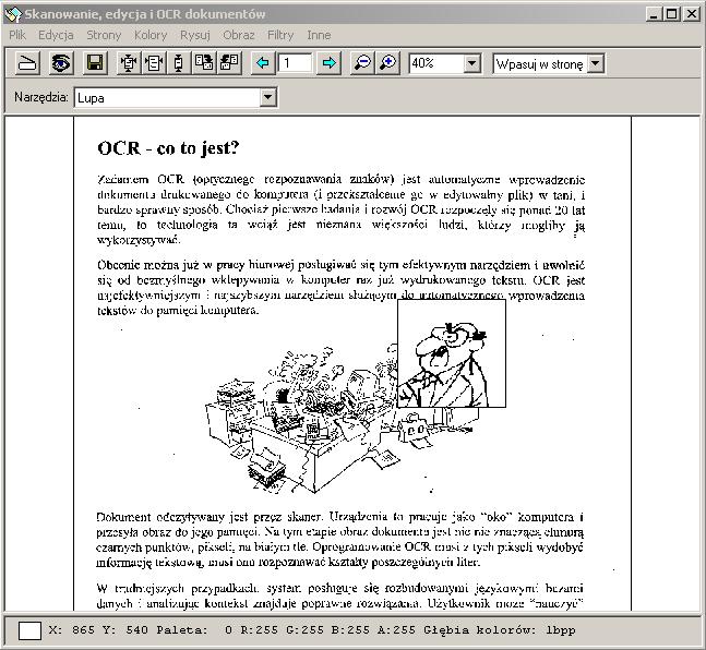 graficznych jak na przykład: skalowanie, obracanie, nanoszenie notatek, ukrywanie części obrazu (Rysunek 7), analizę OCR dokumentów graficznych - zapis dokumentów w postaci wielu formatów tekstowych