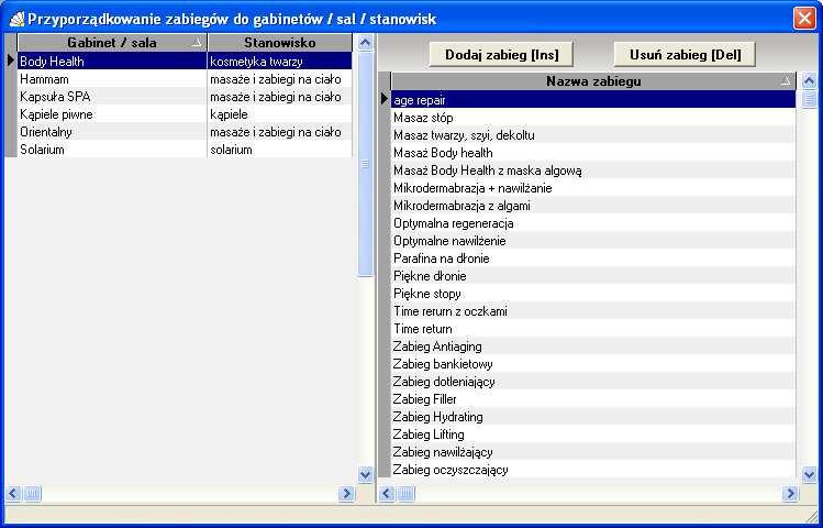 SOSPA System Obsługi SPA gabinetem. W każdej chwili możemy dodać lub usunąć dowolny zabieg z listy. Rys. 88. Przyporządkowanie zabiegów do sal. 10.14.