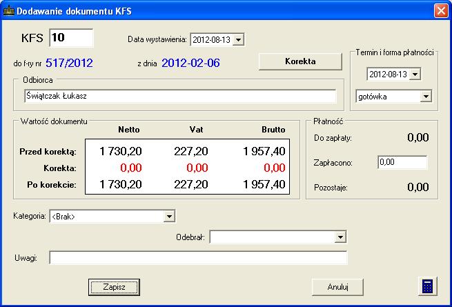 SOSPA System Obsługi SPA_ j okna służącego do wypisania korekty (Rys. 25). W oknie tym znajdują się dane o fakturze sprzedaży, którą korygujemy, tj.