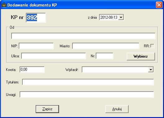 SOSPA System Obsługi SPA 8.4.1. Wystawianie dokumentu KP. Uruchomienie tej funkcji powoduje wyświetlenie okna (Rys. 49), w którym wprowadzamy wszystkie potrzebne dane.