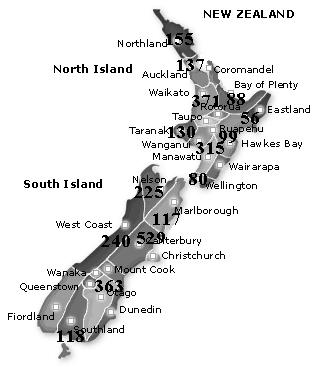Turystyka wiejska w Nowej Zelandii 95 Ryc.1. Rozmieszczenie przedsięwzięć z zakresu turystyki wiejskiej w Nowej Zelandii Źródło: New Zealand Tourism online: http://www.tourism.net.nz/new-zealand-maps.