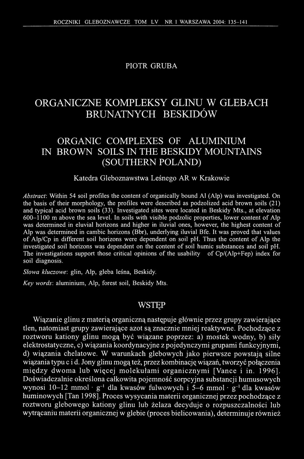 On the basis of their morphology, the profiles were described as podzolized acid brown soils (21) and typical acid brown soils (33). Investigated sites were located in Beskidy Mts.