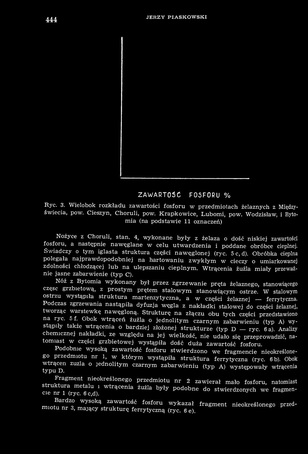 4, wykonane były z żelaza o dość niskiej zawartości fosforu, a następnie nawęglane w celu utwardzenia i poddane obróbce cieplnej. Świadczy o tym iglasta struktura części nawęglonej (ryc. 5 c, d).