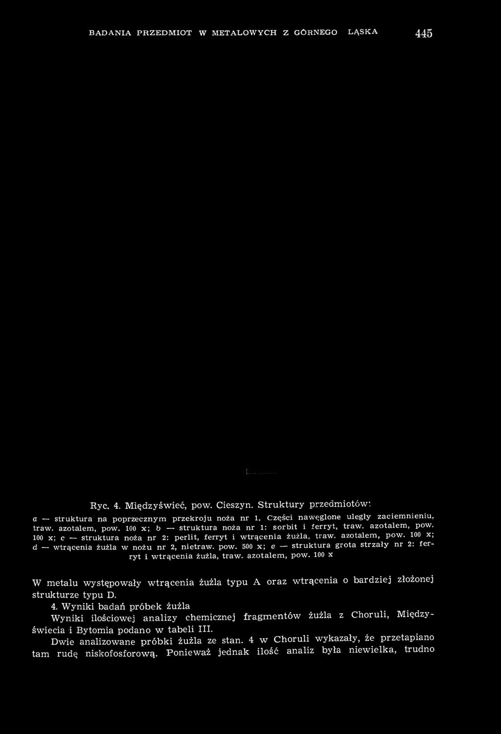 azotalem, pow. 100 x; d wtrącenia żużla w nożu nr 2, nietraw. pow. 500 x; e struktura grota strzały nr 2: ferryt i wtrącenia żużla, traw. azotalem, pow.