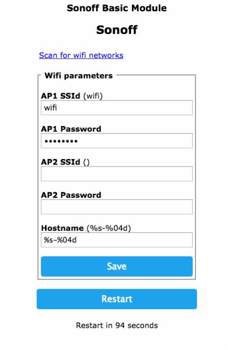 W pole AP1 należy wpisać nazwę swojej sieci WiFi, w pole AP1 Password hasło swojej sieci. Po zapamiętaniu przyciskiem Save urzadzenie zrestartuje się i nawiąże połączenie z domową siecią WiFi.