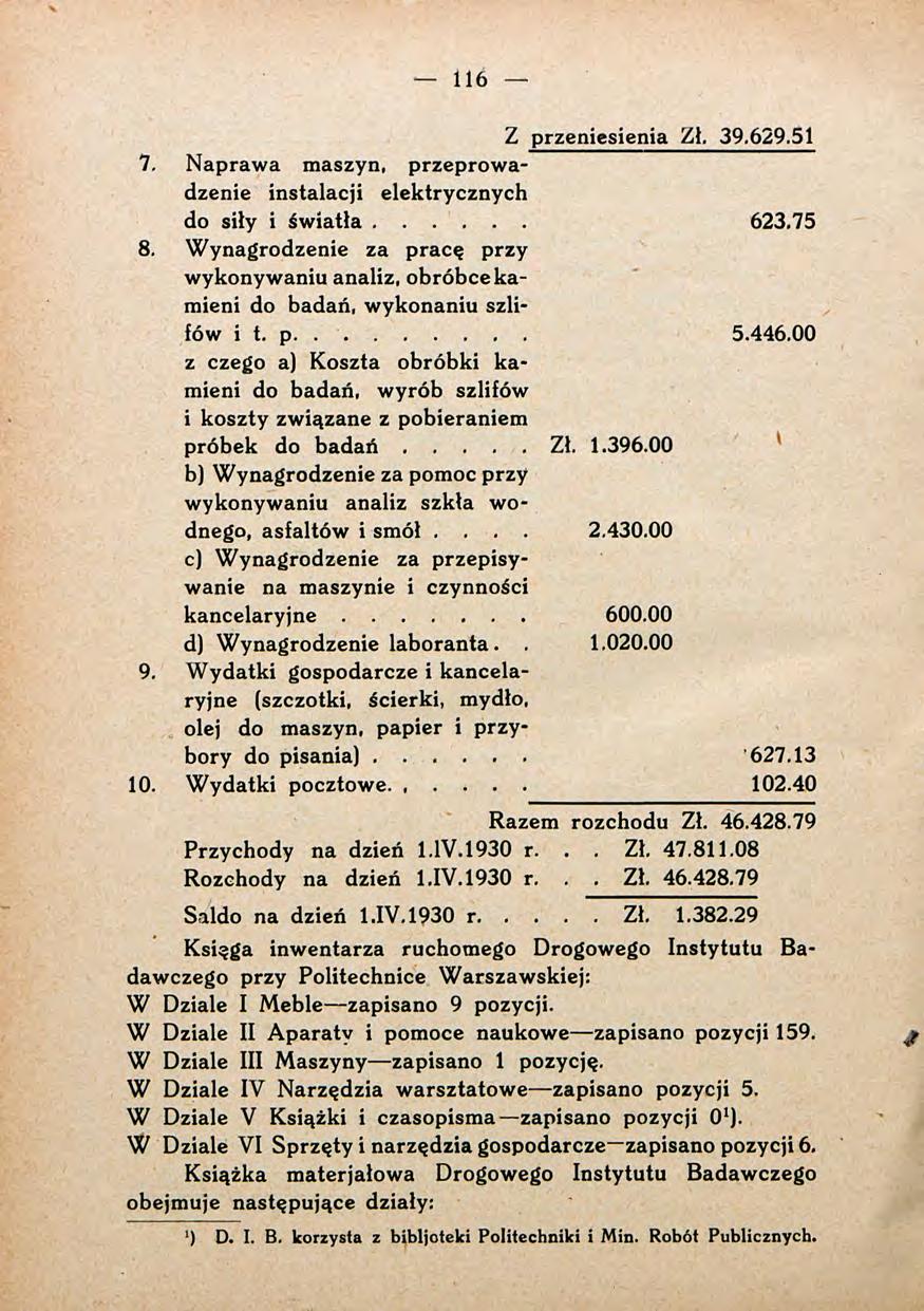 116 Z przeniesienia Zł. 39.629.51 7. N apraw a maszyn, przeprow a dzenie instalacji elektrycznych do siły i św ia tła... 623.75 8.