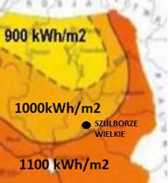 Rysunek 4. Rozkład natężenia promieniowania słonecznego na obszarze Polski z uwzględnieniem położenia Szulborza Wielkiego Źródło: www.cire.