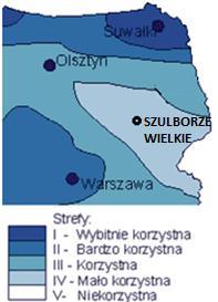 Na rysunku 4 przedstawiono sytuację gminy Szulborze Wielkie na tle kraju, w zakresie zasobów energii słonecznej.