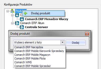 W celu dodania dodatkowego produktu należy kliknąć prawym przyciskiem myszy w gałąź Produkty następnie wybrać Dodaj produkt oraz produkt z listy pokazanej na Błąd! Nie można odnaleźć źródła odwołania.
