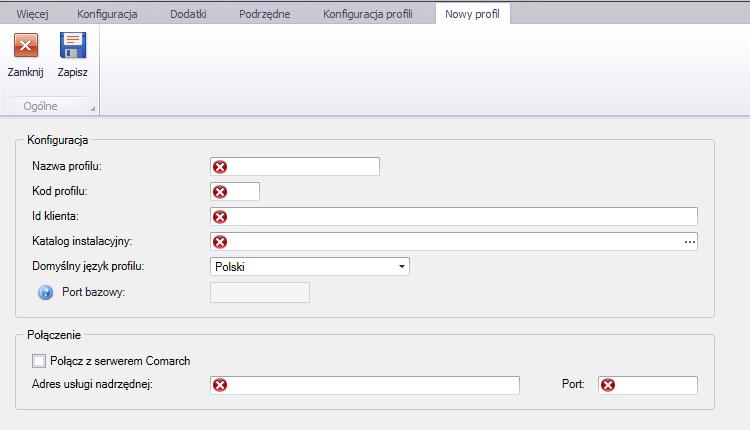 Rys. 33 Formatka definiowania nowego profilu Podczas definiowania nowego profilu w sekcji Konfiguracja należy podać parametry: Nazwa profilu Kod profilu może składać się maksymalnie z 5 znaków i musi