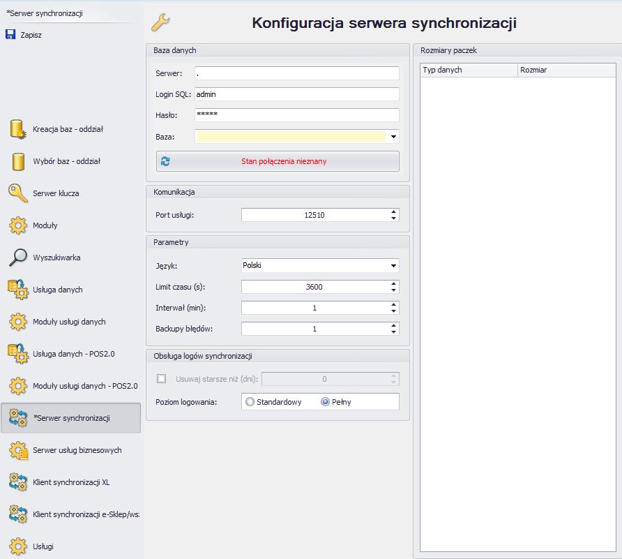 Rys. 61 Konfiguracja serwera synchronizacji W sekcji Komunikacja znajduje się port usługi jest to port, na którym uruchamiana będzie usługa synchronizacji na centrali.