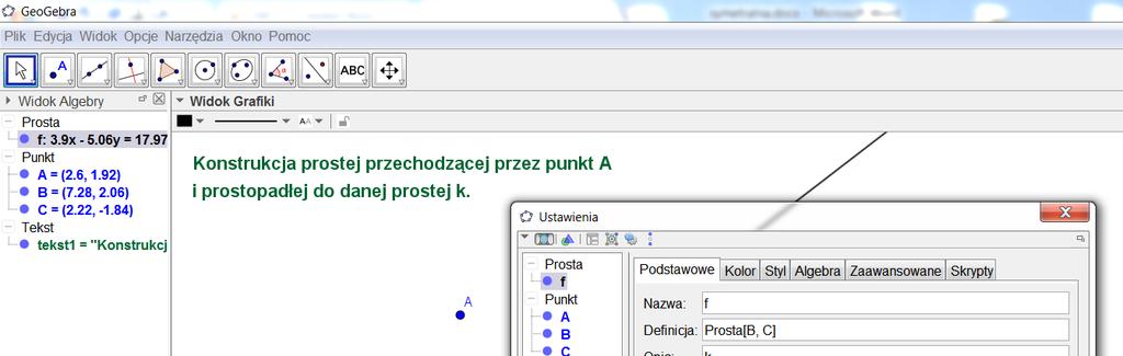 Mamy dane: punkt A i prostą k.