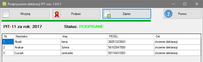 Po zapisaniu pliku pasek postępu przesunie się pod przycisk Zapisz. 10. Zamknij aplikację Podpisywanie deklaracji PIT. 11.