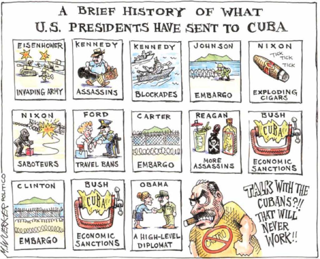 Benzi desenate cubaneze de M. Wuerker, POLITICO. > Interesele continue ale SUA Schimbarea politicilor Statelor Unite a apărut nu din bunăvoinţă, ci din preocupări mai generale.