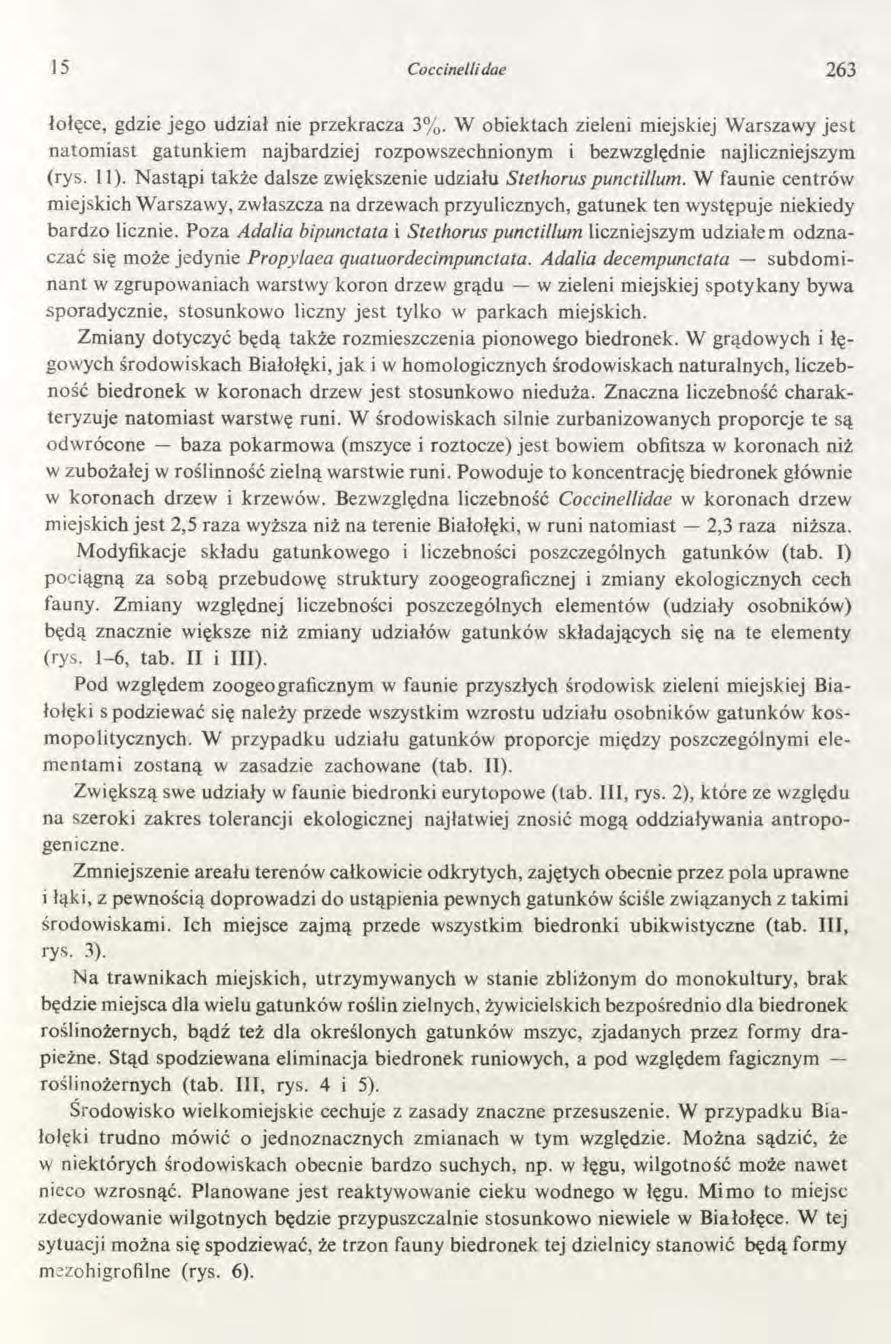 15 Coccinellidae 263 łołęce, gdzie jego udział nie przekracza 3%. W obiektach zieleni miejskiej Warszawy jest natomiast gatunkiem najbardziej rozpowszechnionym i bezwzględnie najliczniejszym (rys.