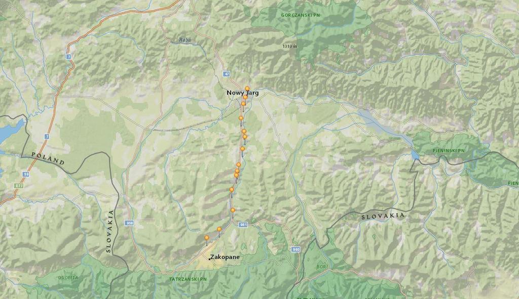 7.4.2 Badania na wybranych reperach linii niwelacyjnej Zakopane Nowy Targ W celu oszacowania lokalnej dokładności anomalii wysokości generowanych przez model GUGIK2011, w stosunku do wartości z